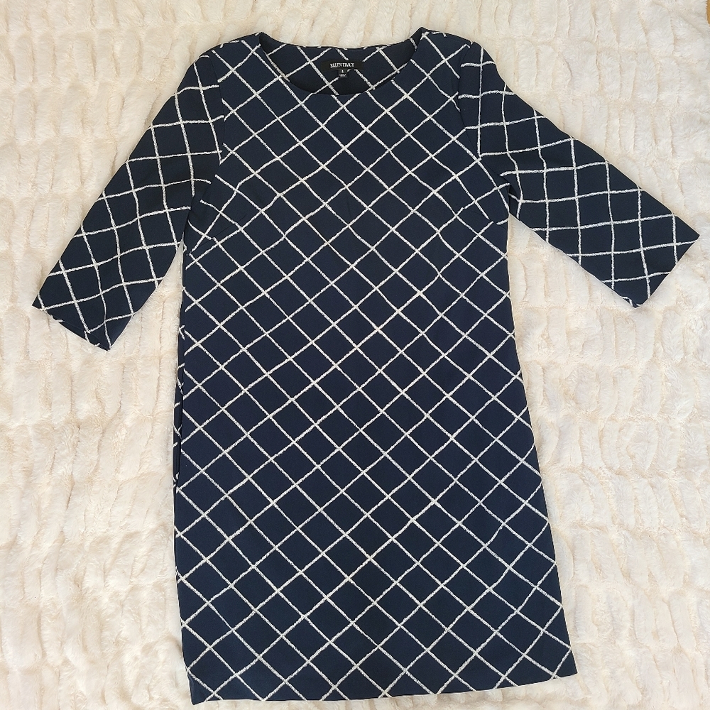 Ellen Tracy size 8 3/4 Sleeve Navy Blue White Business Work Career Shift Dress